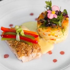 File salau in crusta de alune si sos de lamaie cu unt, cartofi gratinati alaturi de legume provence File salau in crusta de alune si sos de lamaie cu unt, cartofi gratinati alaturi de legume provence