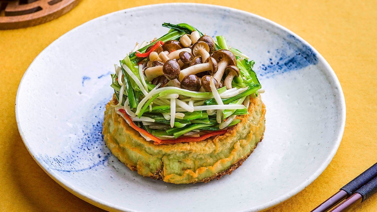 Tofu din grau incoltit cu arpagic, germeni de fasole si ciuperci Shimeji – - Reţetă