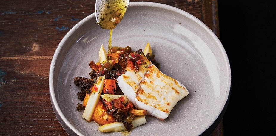  Calcan fript in tigaie, cartof dulce copt cu confit de citrice